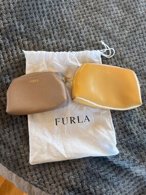 Furla Two-Piece Leather Pouch Set in Taupe and Yellow